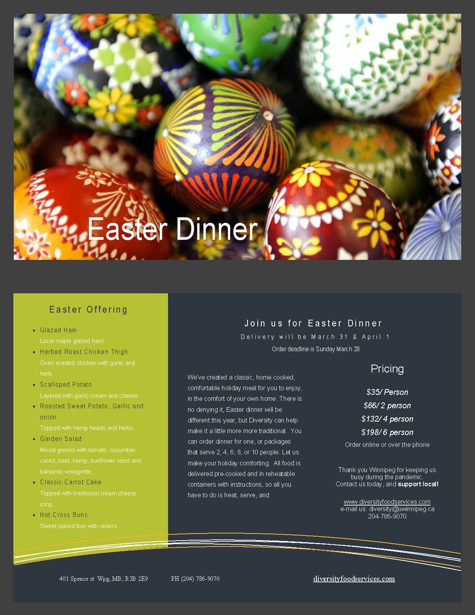 Diversity204's tweet image. Would you like to enjoy a traditional Easter Dinner for your household (any size).  You could let us do the cooking (and all the pot &amp;amp; pan washing).  We deliver anywhere in Winnipeg.  Just warm it up, serve it, and enjoy.