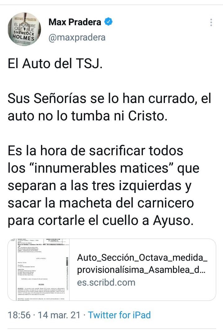Tonicanto1's tweet photo. “... hay que sacar la macheta de carnicero para cortarle el cuello a Ayuso”.

Imaginen ahora si esto lo dijera un periodista sobre Irene Montero o Adriana Lastra, y piensen la que se hubiera liado en los medios. 

La izquierda y su doble vara. 🤷‍♂️ https://t.co/13MieCUUch