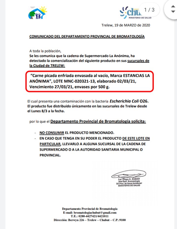 MaruOrtizTw's tweet photo. #TRELEW 
‼️ #ATENTOS si compraron este producto: “ESTANCIAS #LAANÓNIMA”, LOTE MNC-020321-13, elaborado 02/03/21, vencimiento 27/03/21, envases 500grs"
‼️ Presenta Escherichia Coli O26 
- EN CASO QUE TENGA ESTE PRODUCTO LLEVARLO A SUCURSAL DELSUPERMERCADO O AUTORIDAD SANITARIA https://t.co/kyJIUNW8UA
