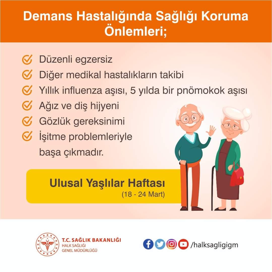 Demans yaşlılarda sık görülen bir sağlık sorunudur. Hastalık başlangıçta sinsi bir unutkanlıkla başlayabileceğinden yaşlılıkta izlenen unutkanlık normal olarak görülmemelidir.
#UlusalYaşlılarHaftası