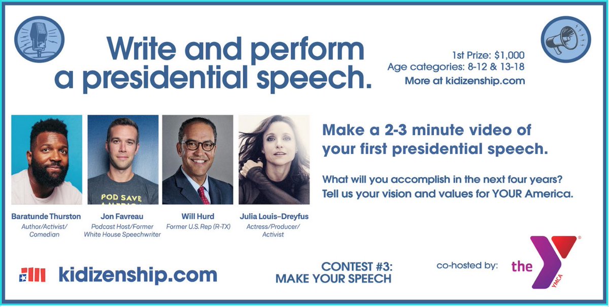 Hear ye! Hear ye! @kidizenship just launched a contest inviting kids ages 8-18 to write and perform their own presidential speeches. Judges are @hurdonthehill @officialjld @jonfavs & @baratund. 1st prize is $1000! Details at Kidizenship.com/make-your-spee…