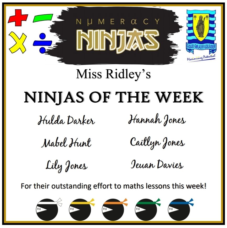 mrscullen_aths's tweet photo. 🌟Ninja of the Week🌟 Congratulations to my ninjas from this week and last week 🎉 You have shown excellent effort in your maths lessons! Da iawn pawb 👏🏼 #ninjaoftheweek #TeamTâf #athsmaths https://t.co/k9Wo8g6EdC