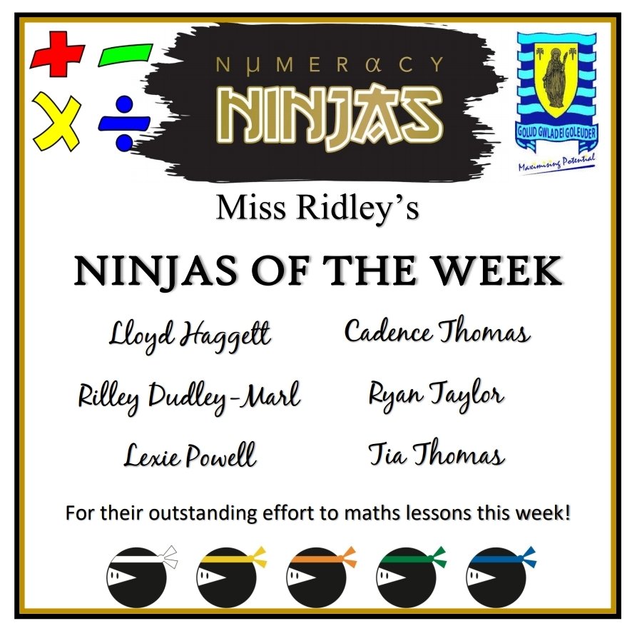 mrscullen_aths's tweet photo. 🌟Ninja of the Week🌟 Congratulations to my ninjas from this week and last week 🎉 You have shown excellent effort in your maths lessons! Da iawn pawb 👏🏼 #ninjaoftheweek #TeamTâf #athsmaths https://t.co/k9Wo8g6EdC