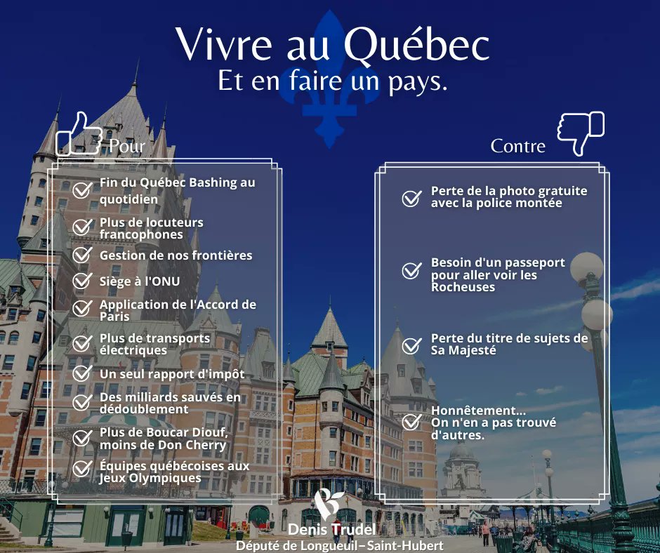 Pour répondre à nos amis de @MDCCanada , j'ai eu envie de créer ma propre liste du pour et contre de faire du Québec un pays. Désolé, j'ai manqué de place dans le pour... Et en passant, la poutine a été inventé au Québec !!! #polqc #vivelindependance