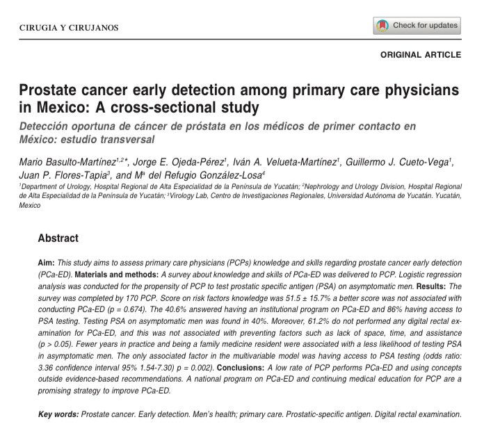 mariobasulto's tweet photo. El #screening de #cancer de #Próstata en 🇲🇽 es potencialmente mejorable, y con esto, la posibilidad de encontrar estadios localizados al diagnóstico. 
Aquí nuestra reciente publicación en #deteccionoportuna  

https://t.co/tHYiEcJkur 

@smumexico https://t.co/JO8BN0L5Iw