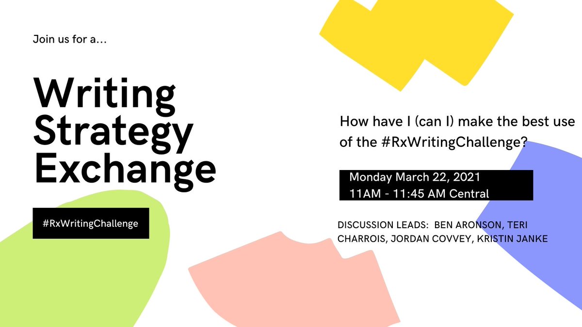 RxWritersUnite's tweet image. Monday, 11AM Central is our first  event.  Join @jcovvey @BenDAronson @tcharrois @KristinKJanke for ideas on making good use of the #RxWritingChallenge.  Zoom link in our daily emails.  Haven't yet joined the challenge? bit.ly/2EZBtVZ