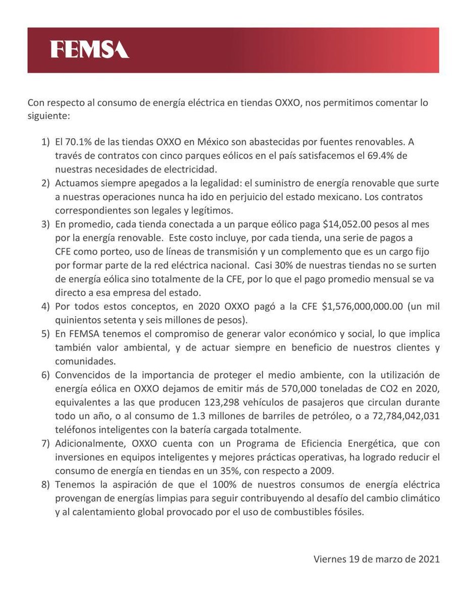 Bien muy bien por Femsa, que tras las acusaciones de @lopezobrador_  de que las tiendas OXXO pagan muy poca electricidad, hoy explica la empresa que el 70.1% de las tiendas son abastecidas por fuentes renovables.
