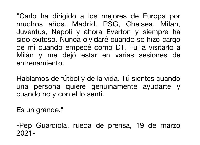 Juezcentral's tweet photo. En la previa de Man City-Everton de  mañana, a Pep Guardiola le preguntaron por Carlo Ancelotti. Pep se emocionó al recordar a uno de sus primeros mentores en el fútbol. Un grande Carletto.
[📸EFE] https://t.co/h3dRfoqgRC