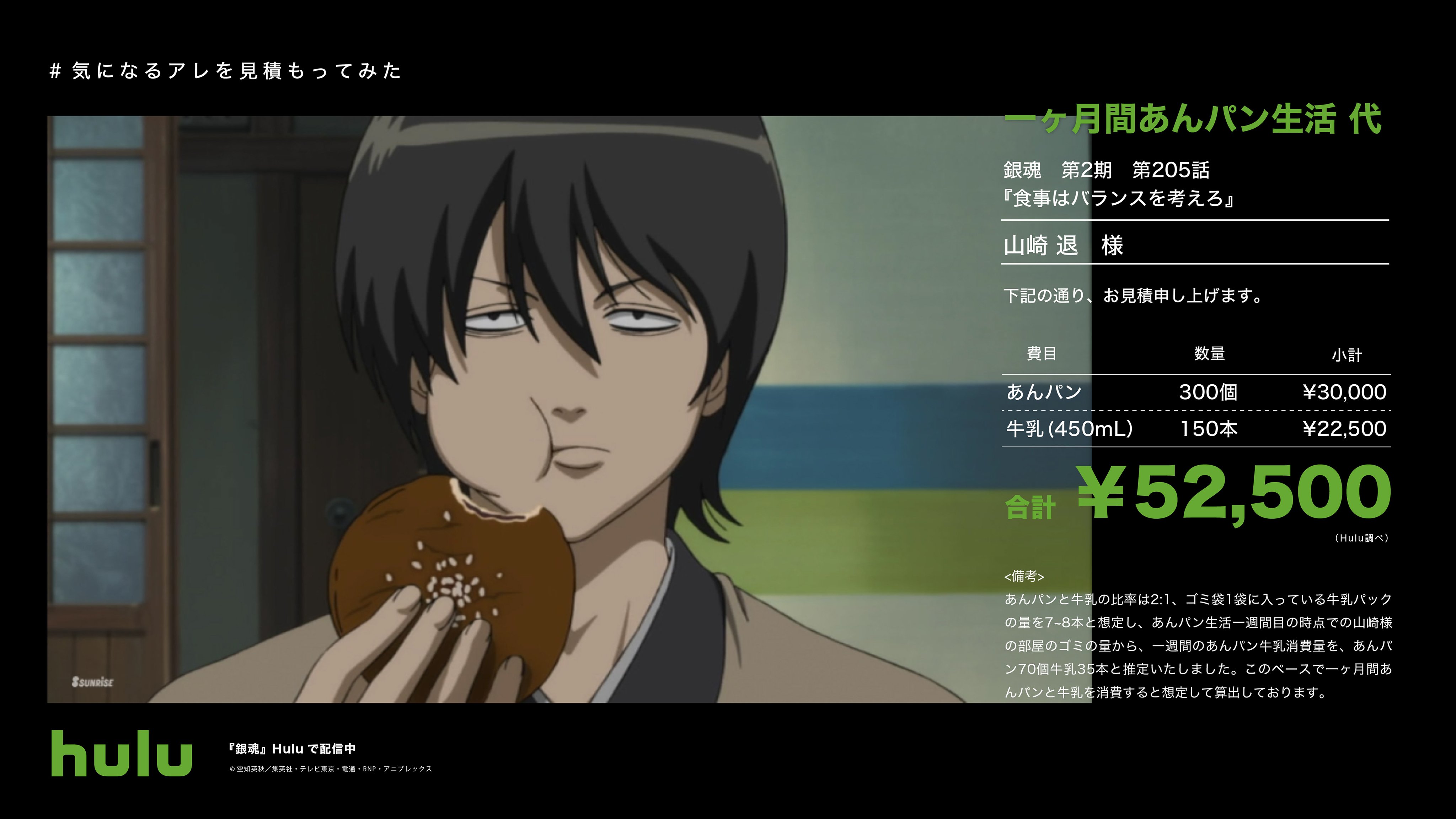 Hulu Japan Hulu見積もりweek 今日から毎日色んな作品のあのシーンに かかった費用の見積もりを公開します 第1弾は 銀魂 第5話より 一ヶ月あんパン生活代 あんパンあんパンあんパンあんパンあんパンあんパンあんパンあんパンあんパンあんパン