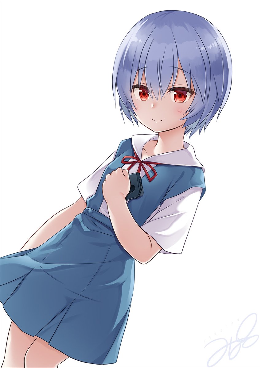 ayanami rei 1girl solo red eyes white background short hair smile tokyo-3 middle school uniform  illustration images