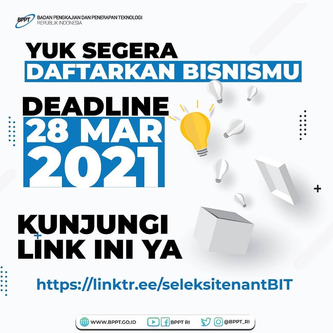 bit_bppt's tweet image. Yuk technopreneur bergabung dengan BIT untuk juga ikut merasakan manfaat dari kerjasama ini! Caranya gimana? Yuk daftar jadi tenant BIT! Klik link di bio atau htpps://linktr.ee/seleksitenantBIT yaa ditunggu sampai 28 Maret 2021!

#bit_bppt #bppt_ri #balaiinkubatorteknologi