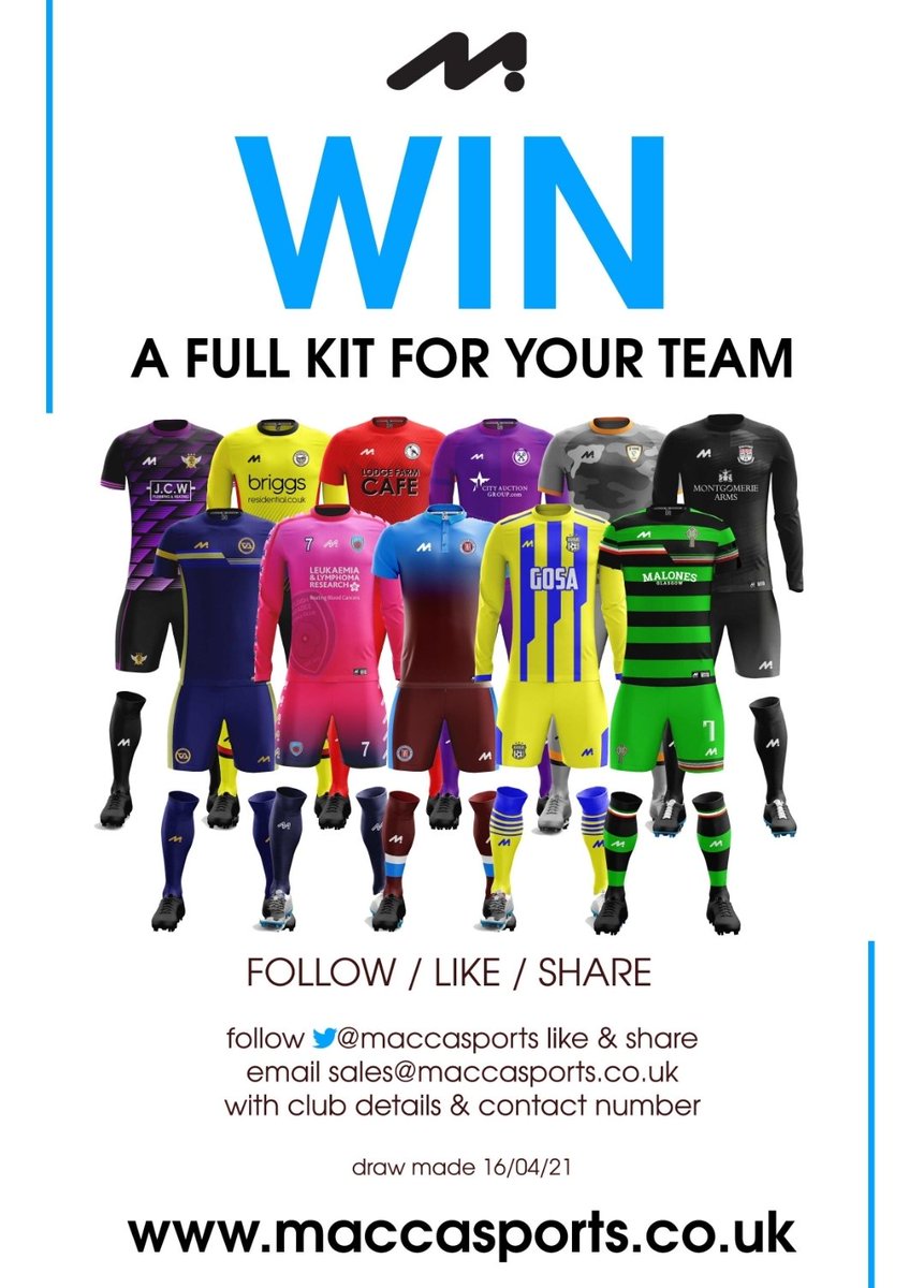 MOTiQ (@motiqsports) on Twitter photo WHO WANTS TO WIN A KIT
with the return of football so near we have decided to offer a chance to win a custom kit for your team.
Simply
FOLLOW / LIKE / SHARE
email your club details & contact number to sales@maccasports.co.uk WHO WANTS TO WIN A KIT
with the return of football so near we have decided to offer a chance to win a custom kit for your team.
Simply
FOLLOW / LIKE / SHARE
email your club details & contact number to sales@maccasports.co.uk