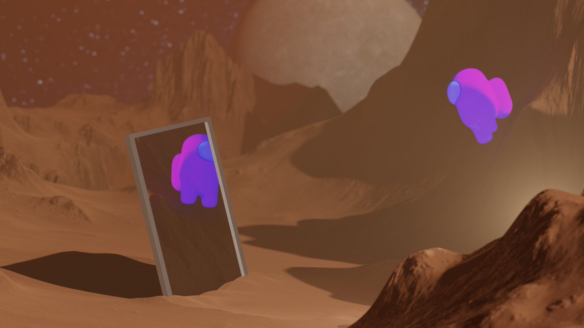 JoeWattss's tweet photo. For my #FridayRender here is a Mars themed scene with a random mirror...with someone...Among Us. #suchcrap #blender The one takeaway here is that I really need to work on everything, composition, shading, texture and so on...the fog/atmosphere was cool all done in blender. https://t.co/5inCZBFfwC