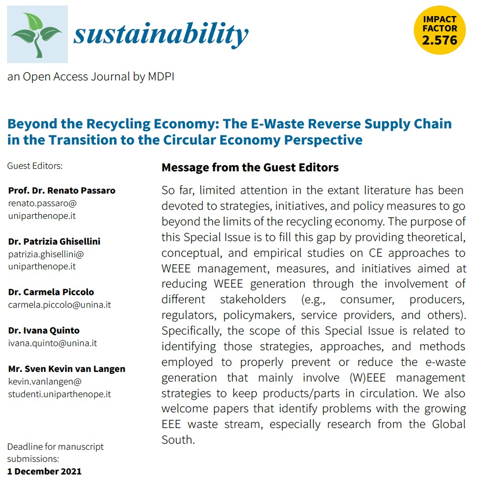 Call for Papers in MDPI Sustainability‘s Special Issue on  “Beyond the Recycling Economy: The E-Waste Reverse Supply Chain in the Transition to the Circular Economy Perspective”.
#ewaste #sustainability #circulareconomy

mdpi.com/journal/sustai…