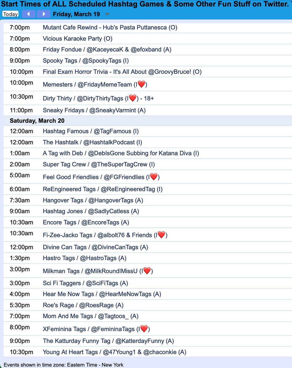 CalendarGirlBot's tweet image. Here's the list of ALL scheduled #HashtagGames and some other #fun stuff to do on @Twitter tonight &amp;amp; Saturday 20March21-subject to changes

Check out the entire ad-free courtesy calendar at Bit.ly/CalendarGirlBot

❤️Follow @CalendarGirlBot &amp;amp; enable notifications for reminders