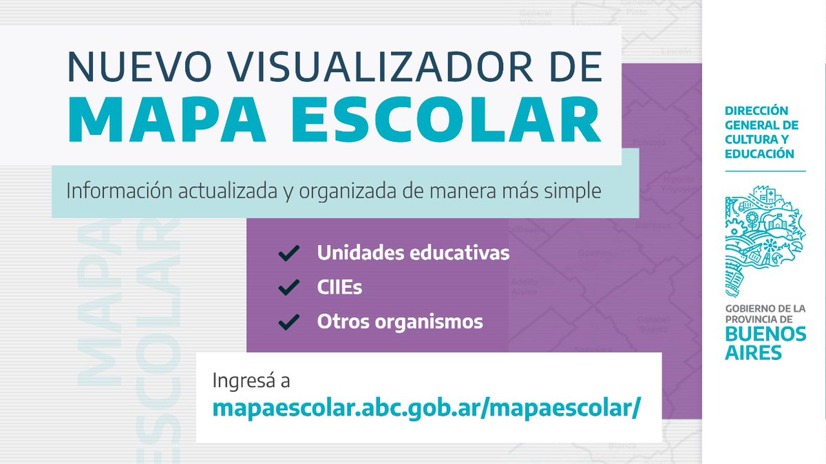BAeducacion's tweet photo. Lanzamos el nuevo #MapaEscolar. La plataforma permite encontrar toda la información sobre el sistema educativo bonaerense.
🔗 Más info ➡️ https://t.co/Ux48rrqDl1 https://t.co/eWaF0imen9