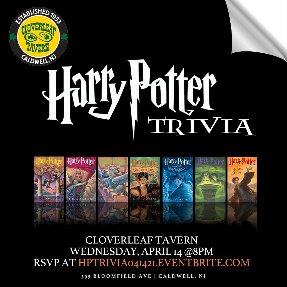 #HarryPotter (Book) #Trivia <a href="/cloverleafinfo/">Cloverleaf Tavern</a> on Wednesday, April 14 at 8pm. RSVP at; HPTrivia041421.Eventbrite.com #Caldwell #EssexCounty #Foodie #Restaurant #NJ #NorthJersey
