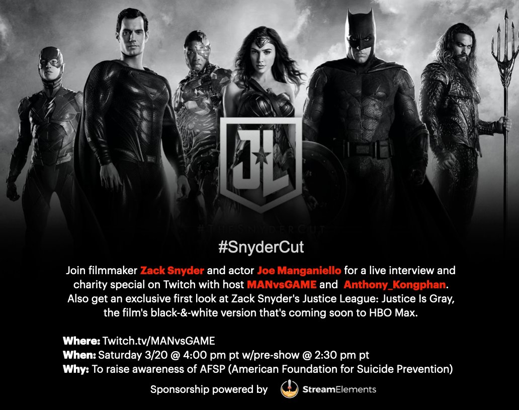 🦹‍♂️🦸‍♀️Tomorrow starting at 2:30 PM PT @manvsgame and <a href="/AnthonyKongphan/">Anthony_Kongphan</a> will be on <a href="/Twitch/">Twitch</a> to raise money for <a href="/afspnational/">American Foundation for Suicide Prevention</a> with <a href="/ZackSnyder/">Zack Snyder</a> and <a href="/JoeManganiello/">JOE MANGANIELLO</a> stopping by with some exclusive #JusticeIsGray news. 

Check out more below! #StopSuicide #SnyderCut
