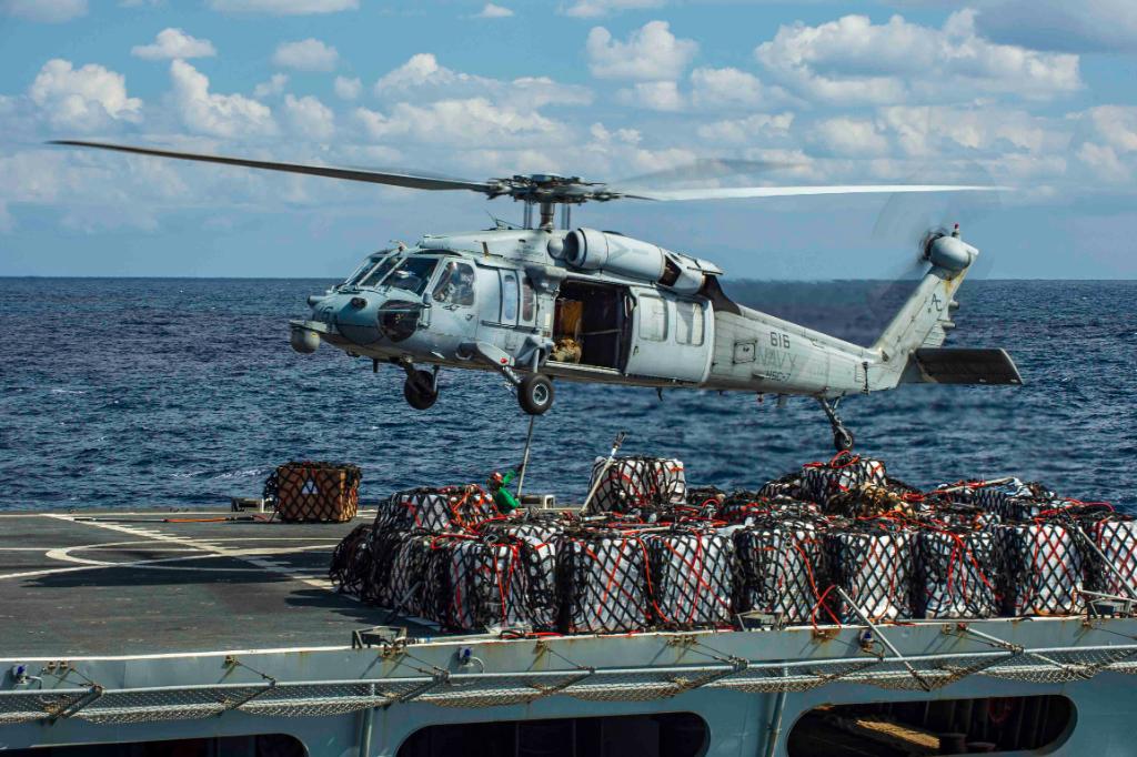 USNavy's tweet photo. @USNavy photos of the day: #USNSArctic @MSCSealift resupplies #USSDwightDEisenhower @TheCVN69, #USSJohnSMcCain air defense drill @US7thFleet, recruits take #NavyPFA #NavyFitness @PublicRtc and #NMCB4 refit Tinian Harbor @INDOPACOM. ⬇️ info & download ⬇️: https://t.co/CEkyCyvOMu https://t.co/iSOQX8VkYd
