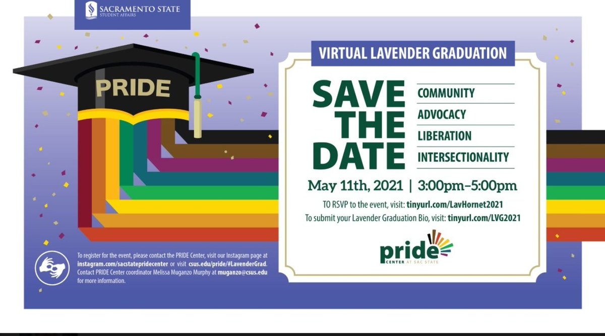SacStatePride's tweet image. The Pride Center is so excited to annouce that registration for Lavender Grad 2021 is officially open! #LavGrad2021 will take place Tuesday, May 11,2021 via zoom at 3p. All majors and degree levels are welcome. Register today! #stingersup! 🏳️‍🌈🏳️‍🌈🏳️‍🌈