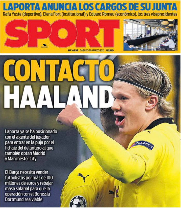 SC_ESPN's tweet photo. ¿Barcelona entra en la pelea por Haaland? La portada de Sport anuncia un contacto del presidente Laporta con agentes del jugador. https://t.co/4L8mGCrrGP