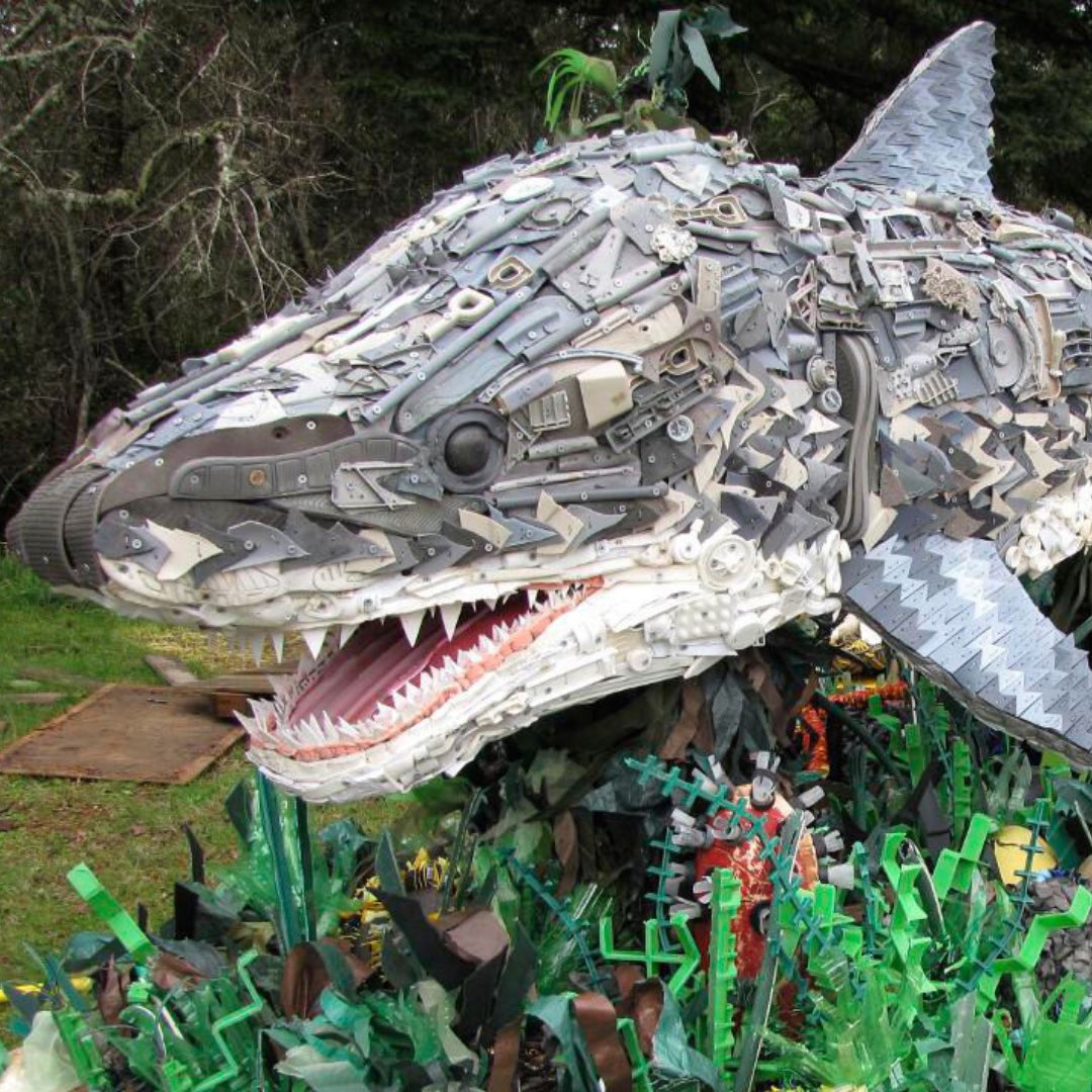 Washed Ashore is a traveling exhibit that uses plastic debris washed up along the Oregon coast to create beautiful art. Their tagline is "Art to Save the Sea". Washed Ashore creates art based upon the animals who are endangered by plastic pollution, and helps to draw attention.