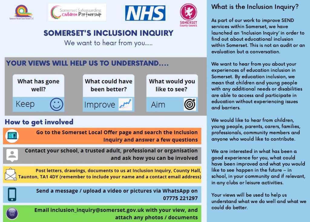 Somerset’s inclusion enquiry has opened it’s called for evidence. Lots of ways to get involved and have your say. #letsparticipate