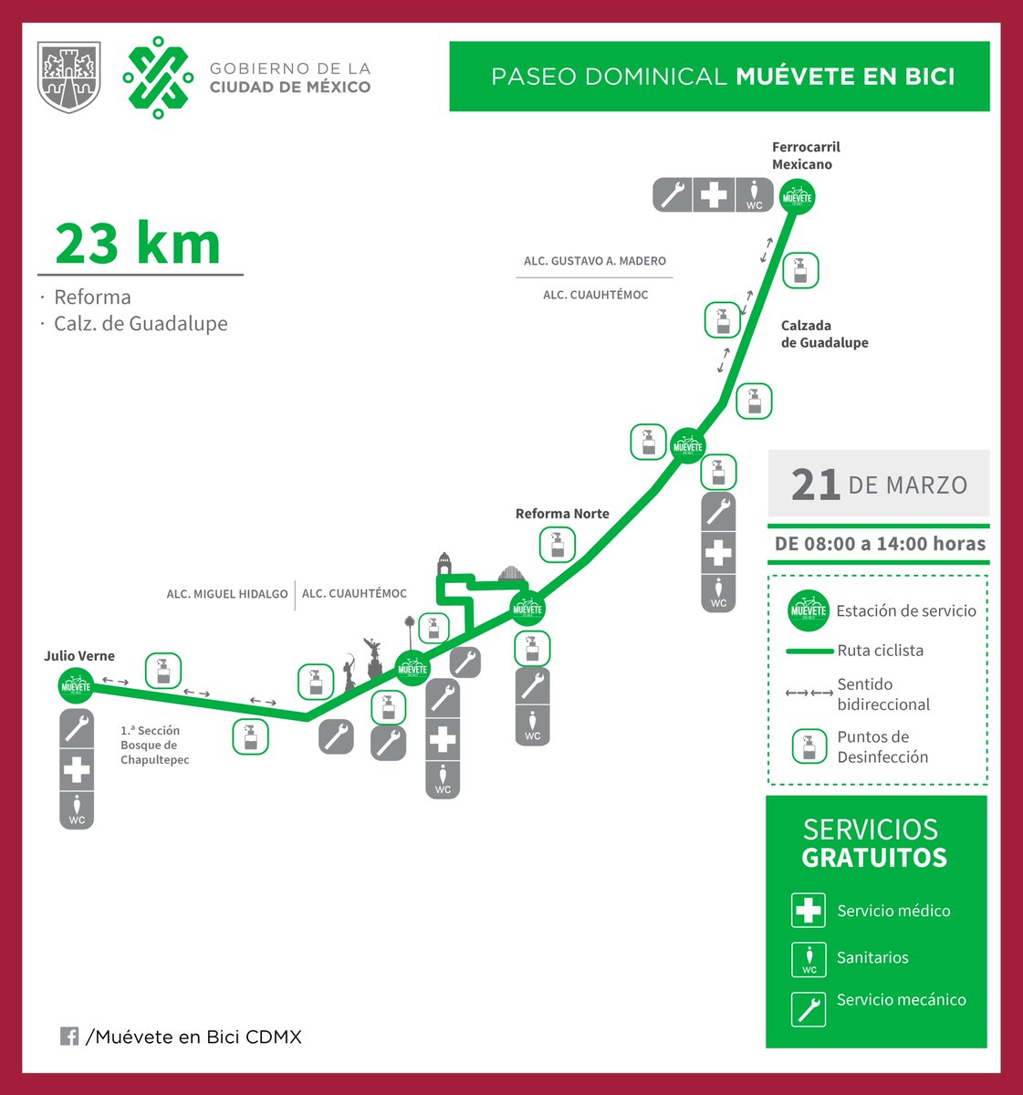 MIBiciCDMX's tweet photo. ¡Este domingo hay #MuéveteEnBici! 🚴‍♀️🚴‍♂️

Acá te compartimos el mapa de los 23 km de ruta 🚲👇

▪️Usa  cubrebocas en todo momento 😷
▪️Guarda #SanaDistancia ↔️
▪️Ubica los puntos de desinfección en el mapa y #ProtégeteYProtegeALosDemás ✅

👉 https://t.co/d4m61boxs5 https://t.co/sRKKXZu5d4