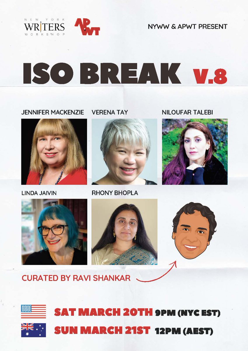Tomorrow! Celebrate #WomensHistoryMonth &amp; #InternationalWomensDay <a href="/ap_writers/">Asia Pacific Writers & Translators</a> / <a href="/nyww/">NY Writers Workshop</a>'s acclaimed reading series #IsoBreak returns - a gala of global voices with 5 amazing #womenwriters - free and live on <a href="/Facebook/">Facebook</a> <a href="/instagram/">Instagram</a> <a href="/Twitter/">Twitter</a> <a href="/LinkedIn/">LinkedIn</a> - 9 PM EST facebook.com/APWriters/vide…
