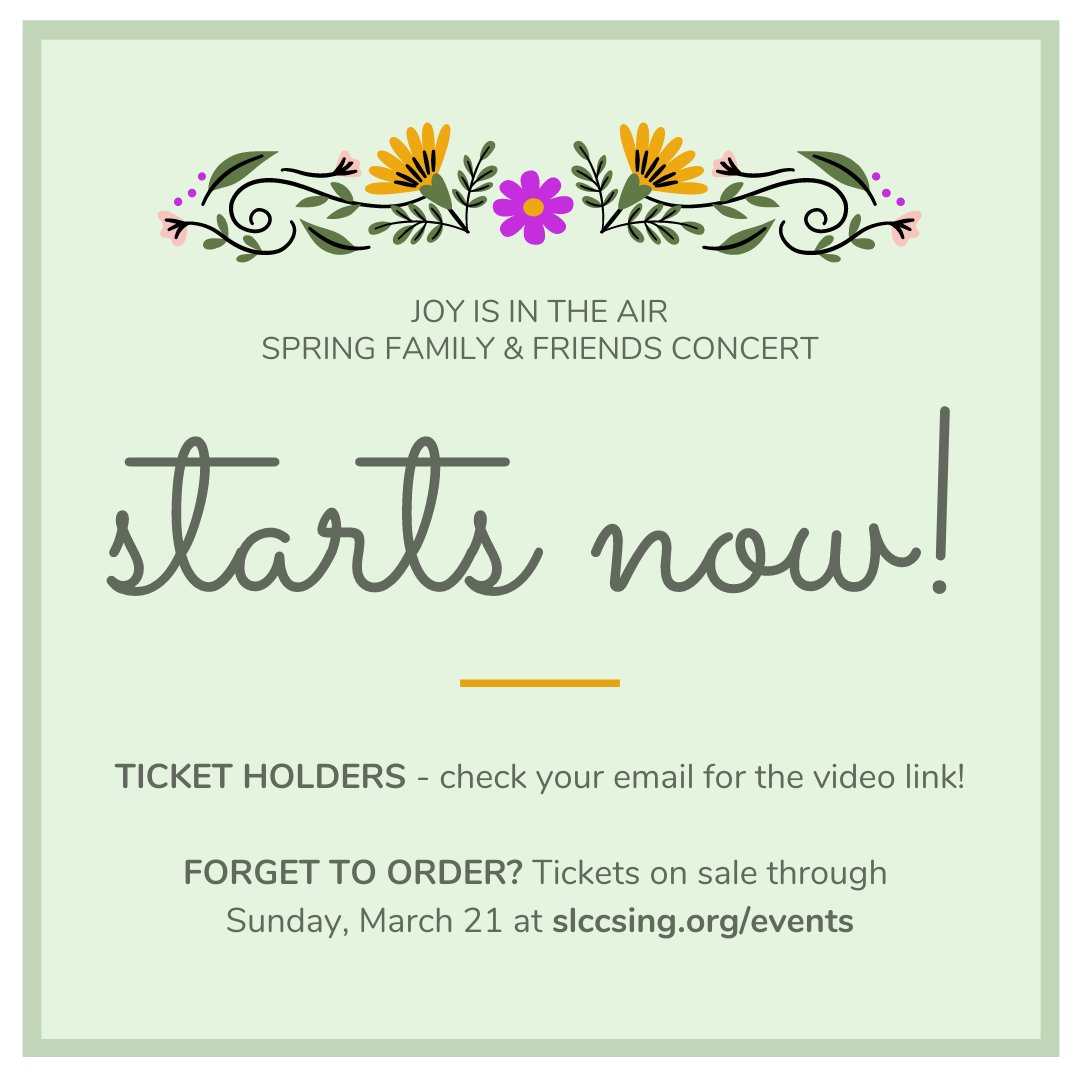 It's Showtime! 🎶

Joy is in the Air is now streaming online through Sunday night!

If you already bought a ticket, check your e-mail for the link.

Didn't order a ticket yet? That's OK! Head to slccsing.org/events to purchase through 9 PM on Sunday.

#joyisintheair #slccsing