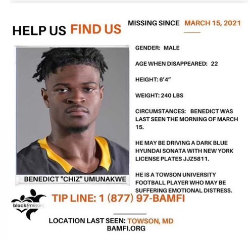 Please help us spread the word about missing <a href="/Towson_FB/">Towson Football</a> player Chiz Umunakwe
