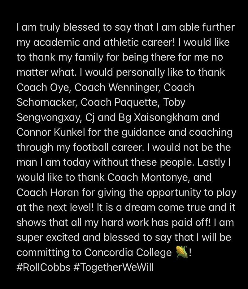 jdotchango's tweet photo. Committed 🌽 @Cobber_Football @CoachTerryHoran @CoachMontonye4 @CobberCoachDro @ToddOye @TobyShockey22 @ConnorKunkel https://t.co/JVT2rvPFqE