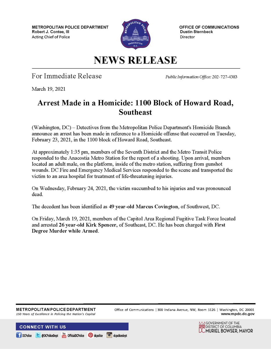 MPD announces an arrest has been made in a Homicide that occurred on 2/23/21 in the 1100 block of Howard Road, Southeast.

Thank you to all who assisted in making DC safer with this arrest!

Release: bit.ly/3tEEl2w