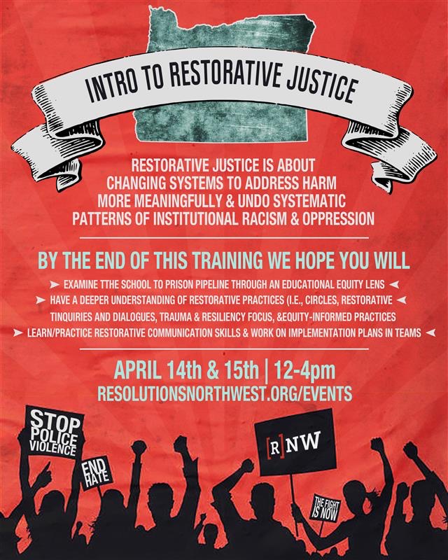 Intro to Restorative Justice is back!!! This training is a two day training on April 14th and April 15th from 12-4 each day. Register now resolutionsnorthwest.org/event/dialogue…

 #Justice #EquityandInclusion #Resolutions
