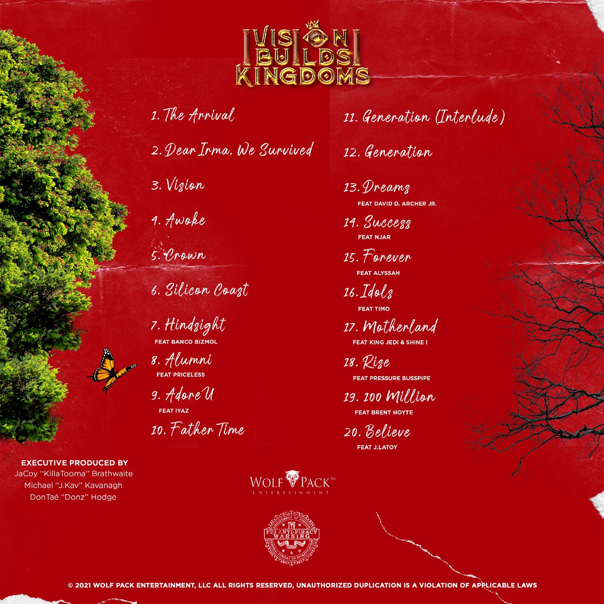 KillaTooma's tweet photo. The OFFICIAL track list for #VisionBuildsKingdoms ๐ฅโ โ โ โ โ โ โ โ โ
The WINNER of a FREE signed physical copy of #VBK and an EXCLUSIVE listen to a song from the album is @fromdehvi #Congrats ๐พ https://t.co/eJuw5muz3J