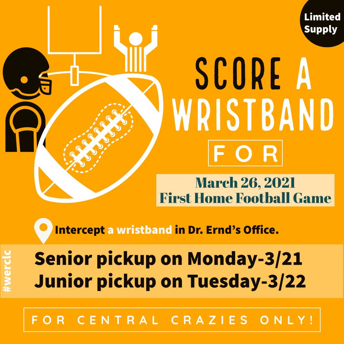 First home football game on Friday, March 26! Seniors, come and get your wristband in my office on Monday! Attendance is limited so be sure to get your wristband on MONDAY. #weRclc