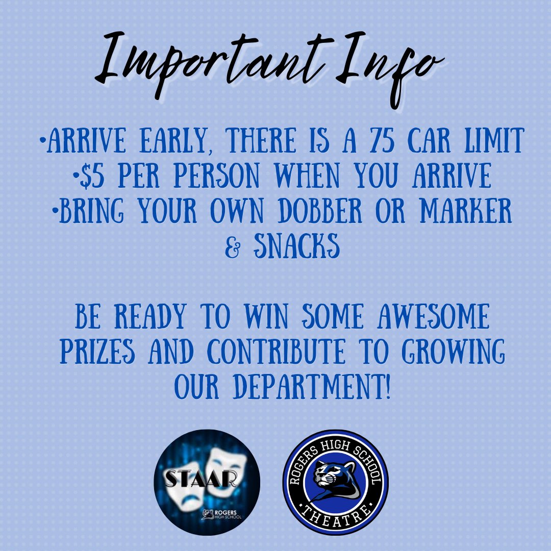 Come out to support your theatre department, royals! On Tuesday, March 23, STAAR will be hosting a car bingo fundraiser in the PAC parking lot at the high school. Important information is noted below!
<a href="/ISD728Theatre/">ISD728Theatre</a> <a href="/ISD728/">ISD 728</a> <a href="/RogersHighSclMN/">Rogers High School</a>