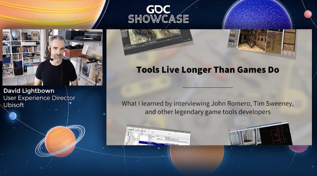 amdsouza92's tweet image. Quite an insightful talk by @davidlightbown titled &quot;Tools Live Longer Than Games Do&quot; presented at the GDC showcase, in which David shared his learnings from the industry&apos;s most renowned game tools developers. Here are my key takeaways from the talk -

PS: It&apos;s a long thread