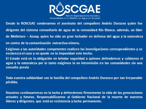 Frente al asesinato del compañero Guardian del Agua, en el Macizo del Cajas, Andrés Durazno, condenamos estos tipos de hechos y exigimos investigue <a href="/FiscaliaEcuador/">Fiscalía Ecuador</a> y no quede en la impunidad.
#JusticiaParaAndrésDurazno