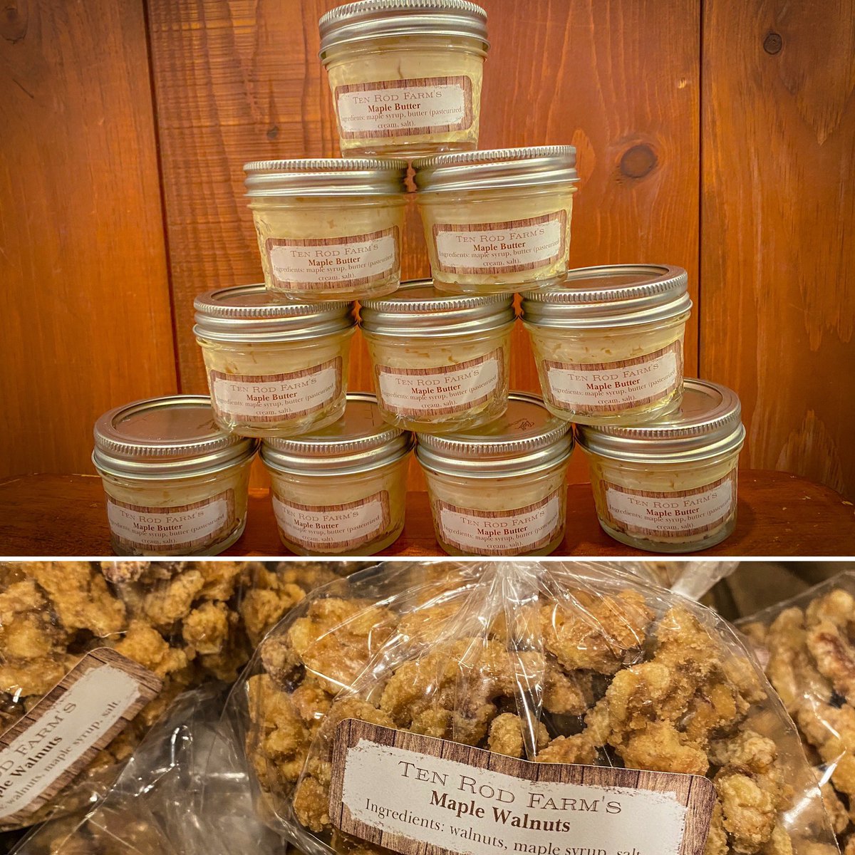 TenRodFarm's tweet image. We have been busy today making maple butter and maple coated walnuts for Saturday (3/20). We will be open, from 10am-2pm Saturday for maple sales including maple syrup, maple coated nuts, maple cotton candy, and maple sugar.  We will not be offering any tours or demonstrations.
