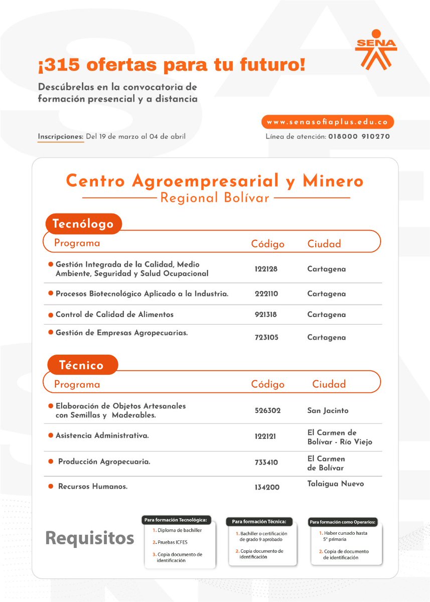 jaimetorradoc's tweet photo. 📌🙋Desde hoy 19 de marzo y hasta el 4 de abril el @SENAComunica abre nueva convocatoria de formación titulada presencial y a distancia en niveles técnico y tecnólogo. 315 cupos en @SENAenBolivar esperan por ti! Ingresa a #SofiaPlus https://t.co/qMtDGm2iTI