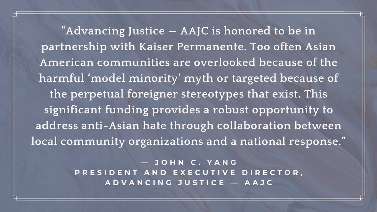 Advancing Justice - AAJC (@aaaj_aajc) on Twitter photo Kaiser Permanente has committed $5.4 million to combat the surge in anti-Asian violence, with two of the grant recipients being <a href="/StopAAPIHate/">Stop AAPI Hate</a> and Advancing Justice | AAJC. Thank you <a href="/aboutKP/">Kaiser Permanente</a> for your generosity and partnership!
Read more: advancingjustice-aajc.org/press-release/… Kaiser Permanente has committed $5.4 million to combat the surge in anti-Asian violence, with two of the grant recipients being <a href="/StopAAPIHate/">Stop AAPI Hate</a> and Advancing Justice | AAJC. Thank you <a href="/aboutKP/">Kaiser Permanente</a> for your generosity and partnership!
Read more: advancingjustice-aajc.org/press-release/…