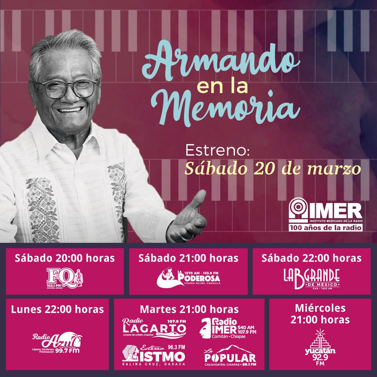 El <a href="/imerhoy/">IMER</a> rendirá homenaje al maestro Manzanero 🎹 con una selección de 52 programas en los que podrás escuchar conversaciones del compositor con personajes como Consuelo Velázquez, Carlos Monsiváis, Cristina Pacheco y muchos más. 

¡Inician este sábado!