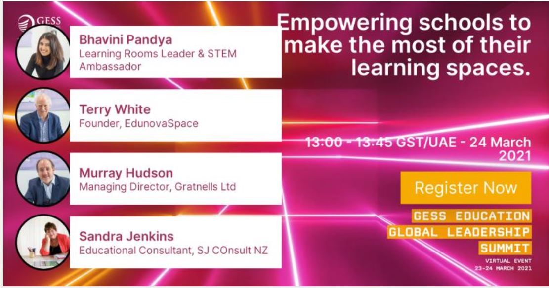 Look what we are doing next week Speaking at the GESS Global Leadership Summit. gessleaders.com/gess-education…. Discussing how to design an amazing co-teaching spaces 4 learners. Check out the framework: planninglearningspaces.com/2021/01/29/pla… @stephenheppell @LeneJensbyLange @mrkempnz @Stephen_H