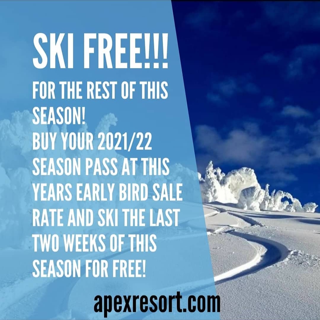 Ski Free for the rest of this season!!!

Buy your 2021/22 season pass at this years early bird sale rate and ski the last two weeks of this season for free!

apexresort.com/product/2021-2…

#apexmountain #apexmountainresort #apexmtnresort #apexmtnshop #skiapex #skipenticton #skibc