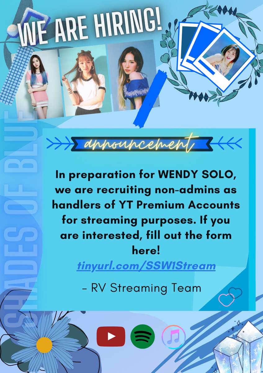 RVStreamingTeam's tweet photo. WOLO IS COMING? WOLO IS COMING 💙

We are looking for Streaming Team Members (non-admins) to create and handle YT Premium Accounts! Please fill out the form below to join: 

https://t.co/1Bwfni8i85

#RedVelvet #WENDY #WOLO #SSW1 @RVsmtown @SSWSupportTeam @SSWstation @rvelites https://t.co/MpvTwNqILf