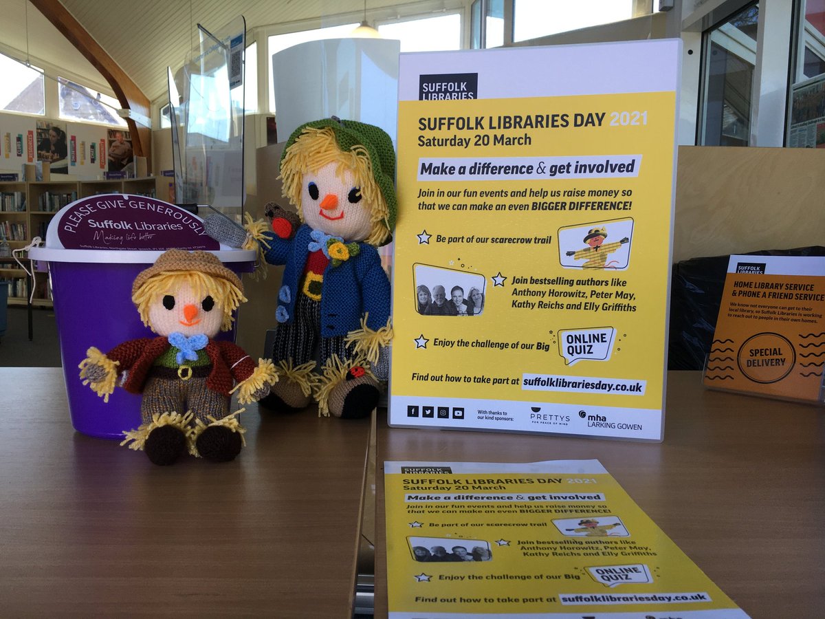 Today is Suffolk Libraries Day. Aldeburgh Scarecrow is showing his nephew how to donate. Today is full of small joys; the daffodils are blooming, the days are longer and and we are smiling. Have a glorious day :):):):):) @SuffolkLibrary