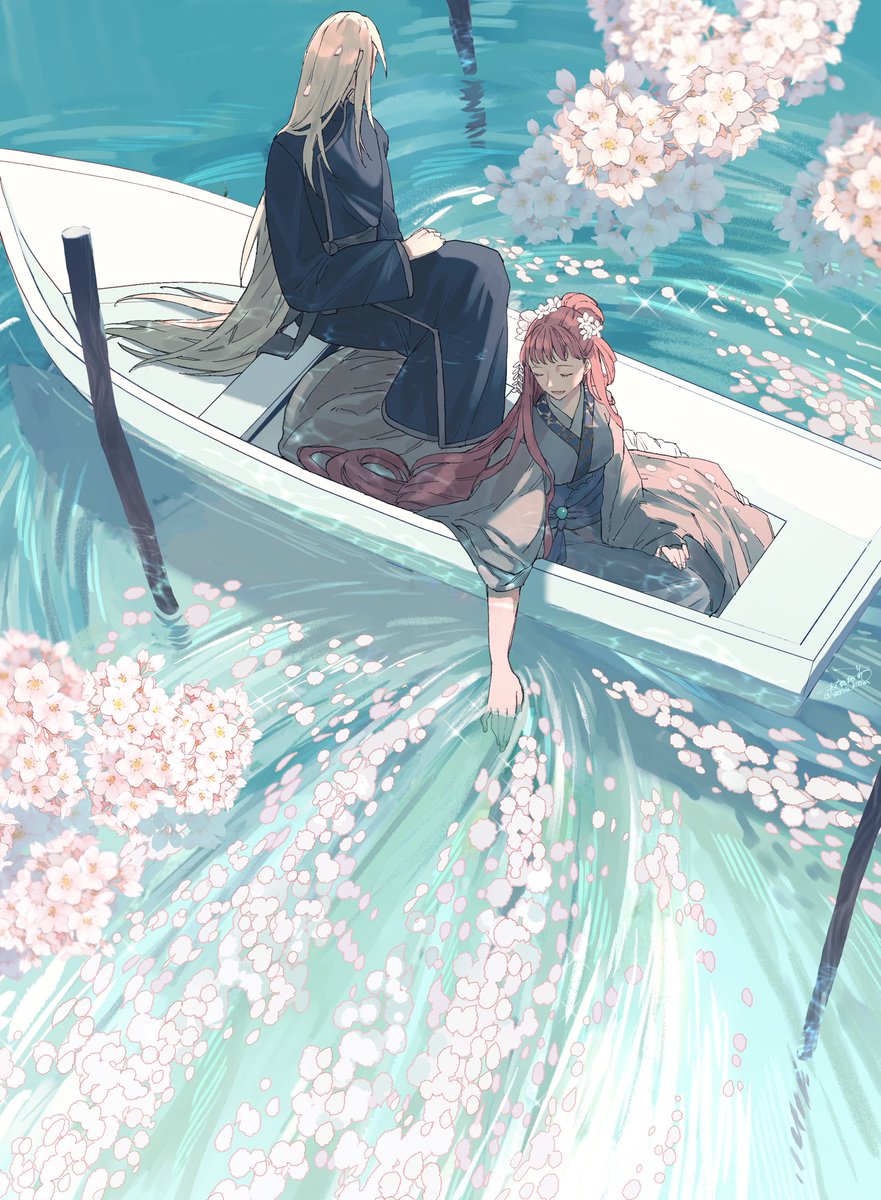 boat watercraft 1girl 1boy long hair water flower  illustration images