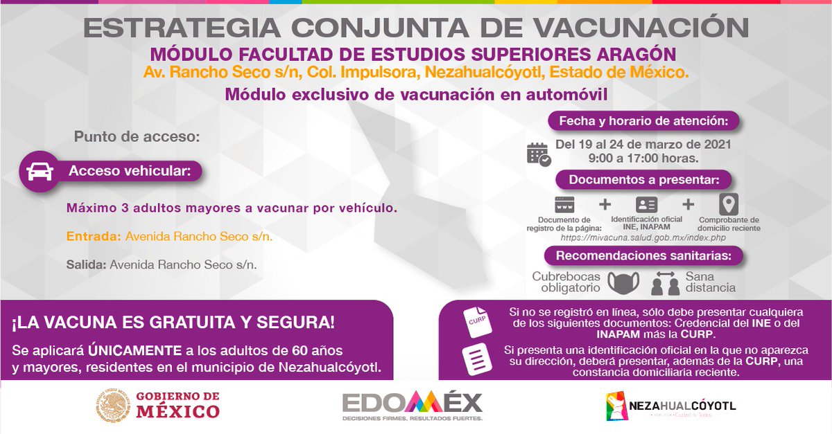Gobierno del Estado de México (@edomex) on Twitter photo ⚠️¡ATENCIÓN!⚠️ Hoy es el último día para acudir a vacunarte contra #Covid_19mx en el municipio de #Nezahualcóyotl.
Uno de los módulos es exclusivo para acceso en automóvil. ⬇️ ⚠️¡ATENCIÓN!⚠️ Hoy es el último día para acudir a vacunarte contra #Covid_19mx en el municipio de #Nezahualcóyotl.
Uno de los módulos es exclusivo para acceso en automóvil. ⬇️