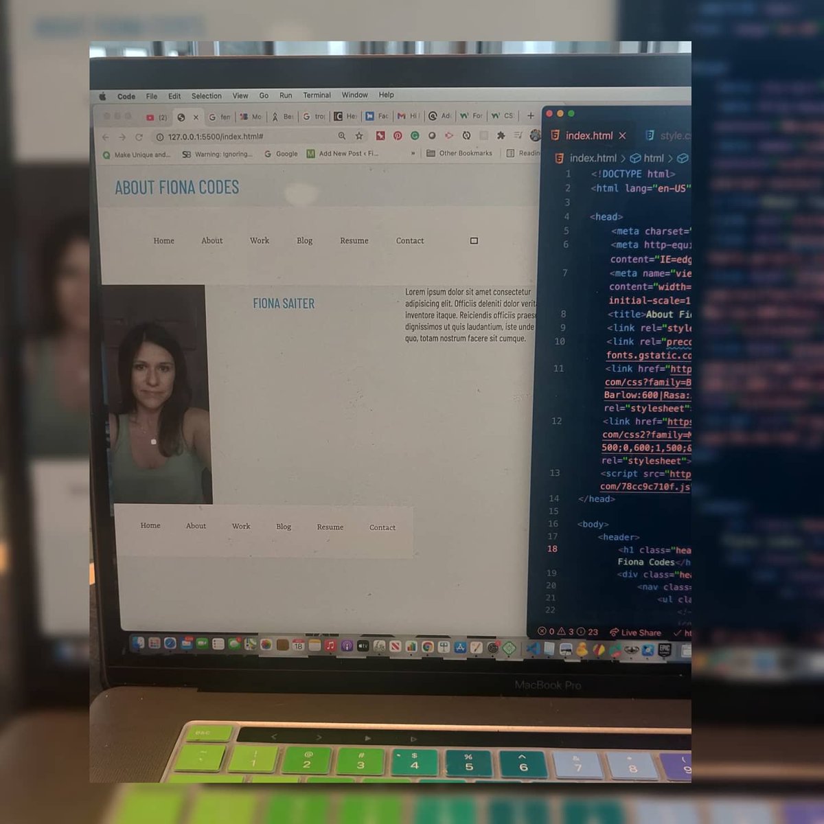 Working on Fiona codes. The About page and contact form need more work. Playing around with a color scheme and flexbox in the nav bar. 

Also working out chest,  triceps and cardio.

#fionacodes #HTML #CSS #flexbox #coding #webdevelopment #girlswhocode #cardio #chestandtriceps